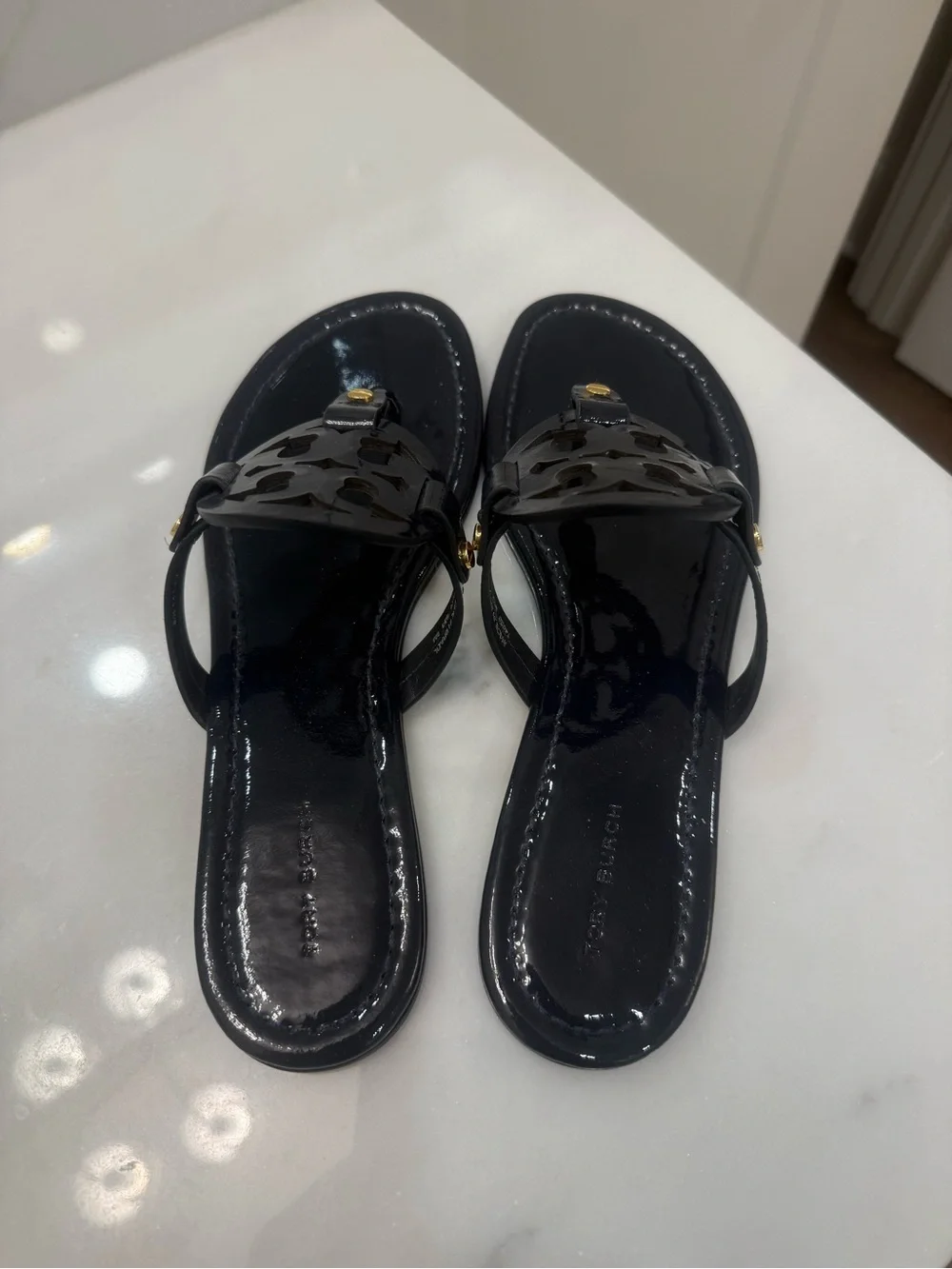 Tory Burch Navy Patent Logo Thong Sandals with Gold Studs